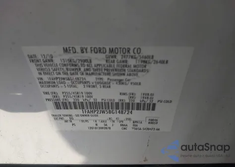 2011 Ford Taurus Limited из США, поврежденный, VIN 1FAHP2JW5BG148724